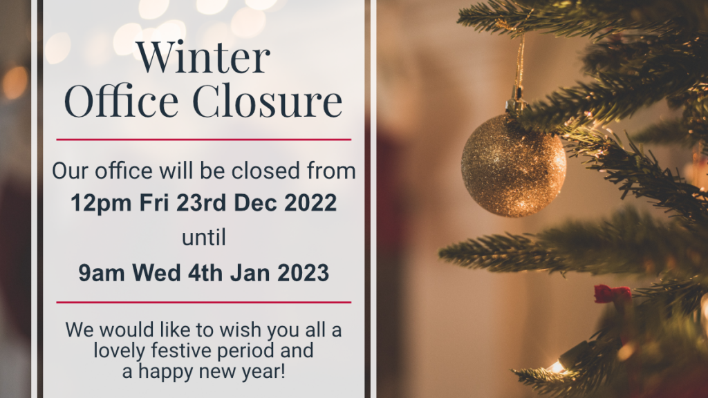 Image of a Christmas tree with text over the image detailing office closure dates