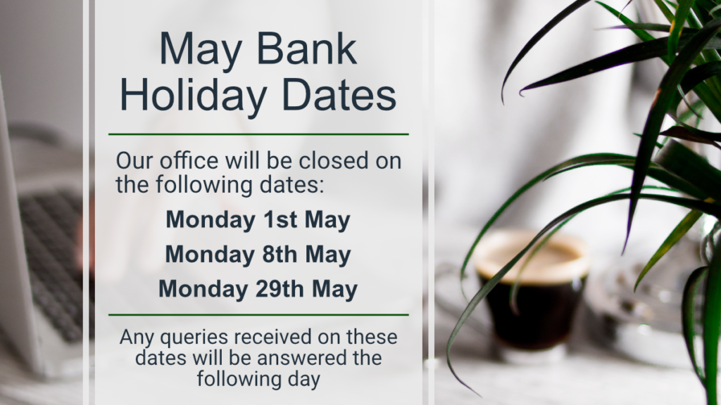 Text outlining office closure dates over a background image of a desk with laptop, plant and a cup of coffee